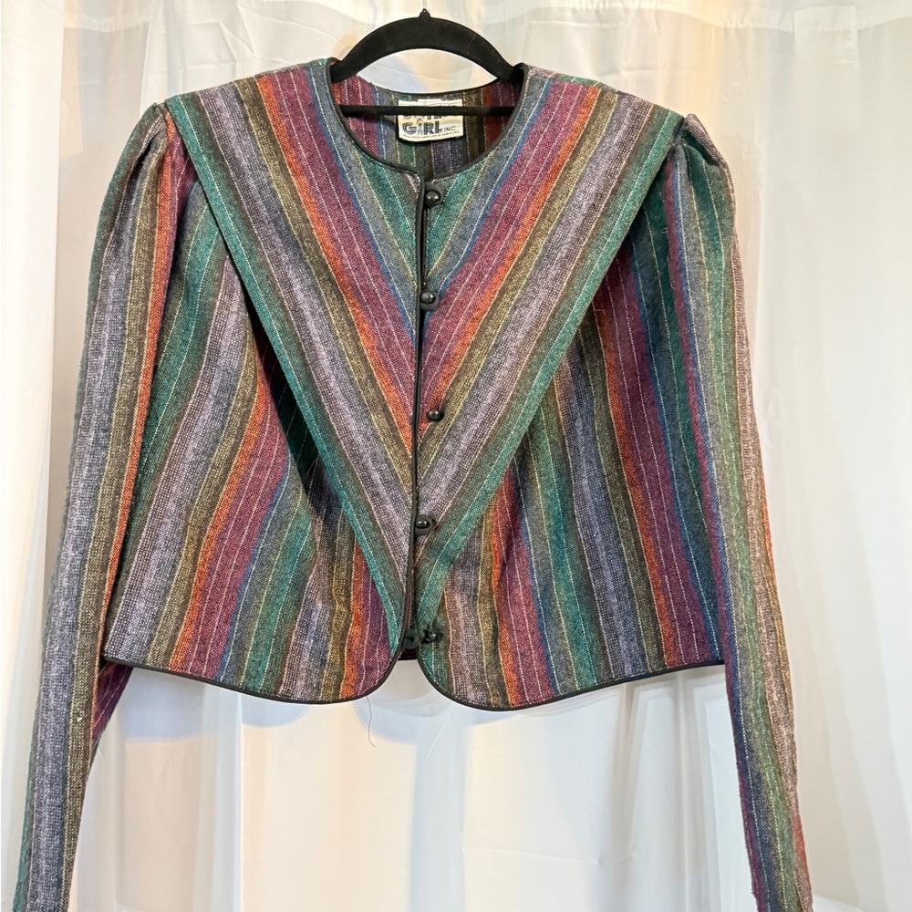 Vintage 80s Chevron Stripe Cropped Jacket | Colorful Wool Blend Blazer - Picture 2 of 8